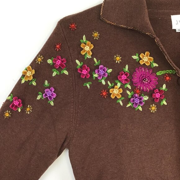 Vintage Just B Womens M Brown Front Button Sweater Floral Embroidery Collar - Picture 5 of 12